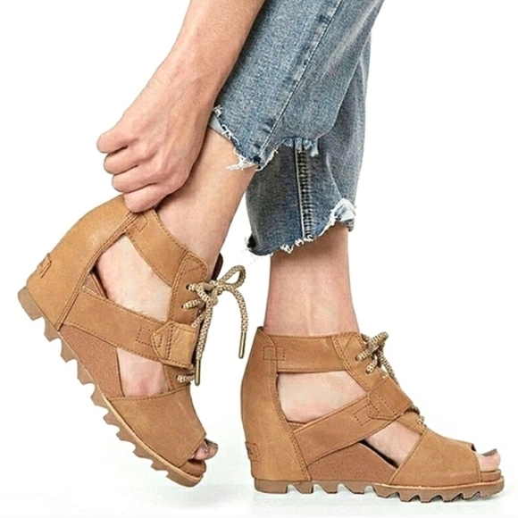 Sorel Women Joanie Ankle Leather Lace Up  Open Toe Wedge Sandals shoes sz 8 - Picture 1 of 14